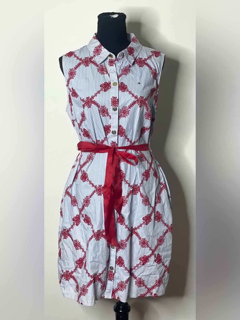 Tommy Hilfiger Blue White Pinstripe Red Embroidered Sleeveless Shirt Dress Sz 10 - Picture 4 of 11
